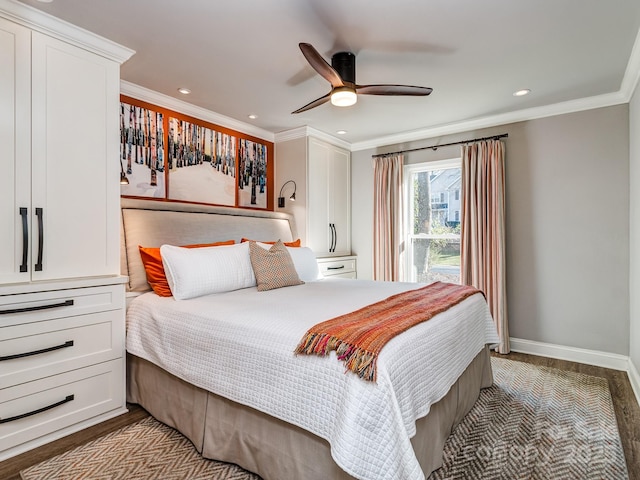 bedroom featuring crown molding, baseboards, recessed lighting, wood finished floors, and a ceiling fan