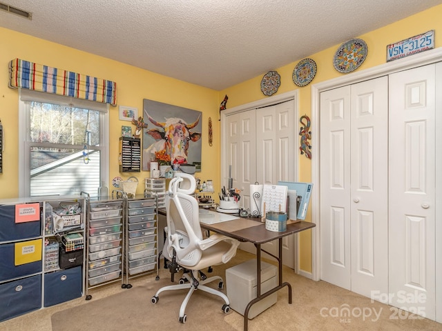 office featuring visible vents, a textured ceiling, and carpet