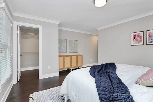 bedroom featuring a spacious closet, wood finished floors, baseboards, and ornamental molding