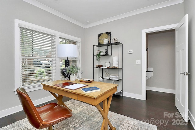 office featuring wood finished floors, baseboards, and ornamental molding