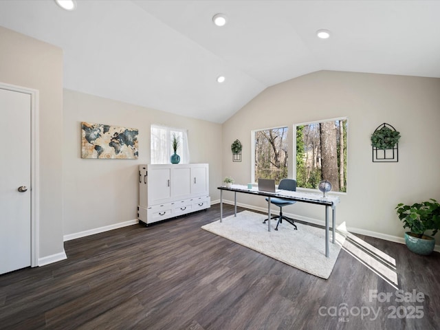 office space featuring dark wood finished floors, lofted ceiling, recessed lighting, and baseboards