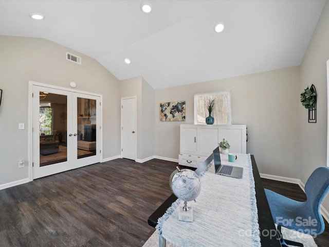 home office featuring dark wood-style floors, visible vents, baseboards, lofted ceiling, and french doors