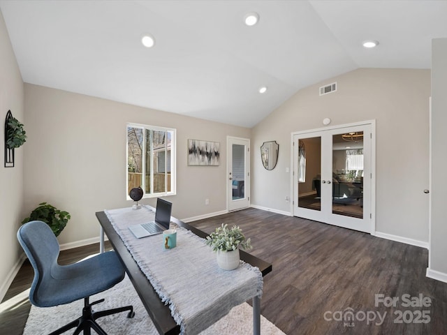 office featuring french doors, baseboards, lofted ceiling, and wood finished floors