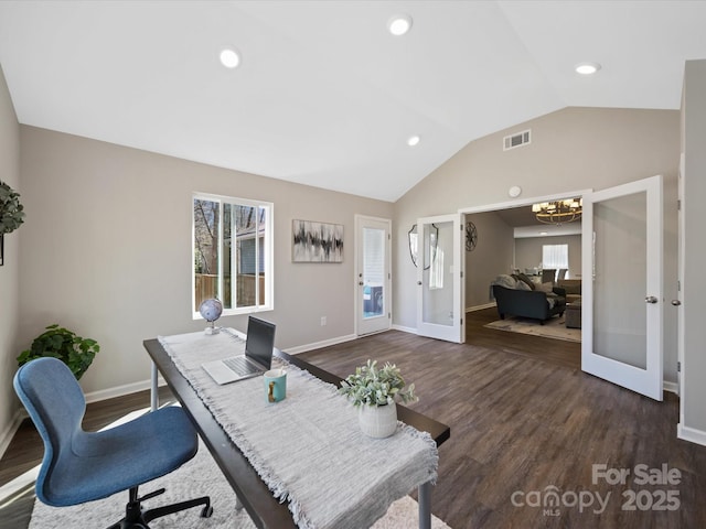 home office featuring visible vents, baseboards, dark wood finished floors, lofted ceiling, and french doors