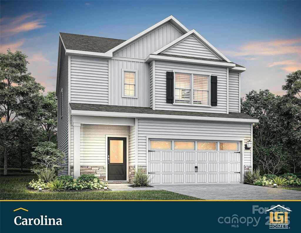 view of front of house featuring board and batten siding, roof with shingles, a garage, stone siding, and driveway