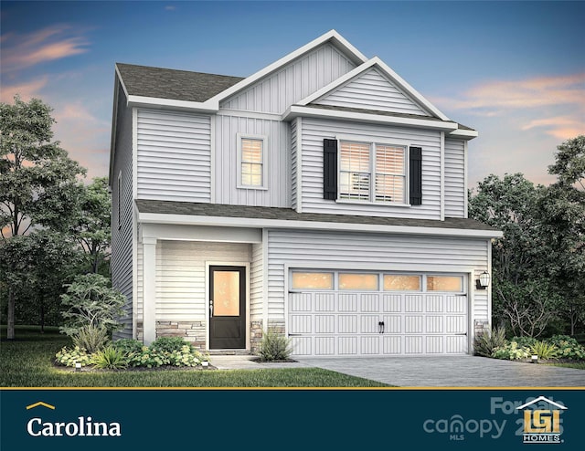 view of front of house featuring board and batten siding, roof with shingles, a garage, stone siding, and driveway