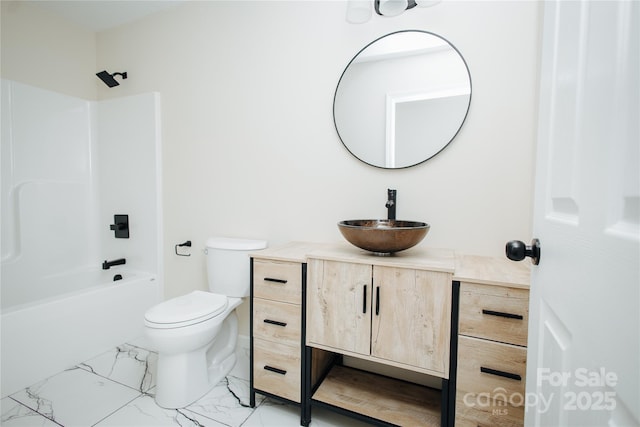 full bathroom featuring vanity,  shower combination, toilet, and marble finish floor