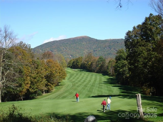 surrounding community with a lawn, a mountain view, and a forest view