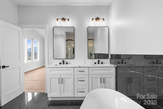 bathroom featuring double vanity, a stall shower, and a sink