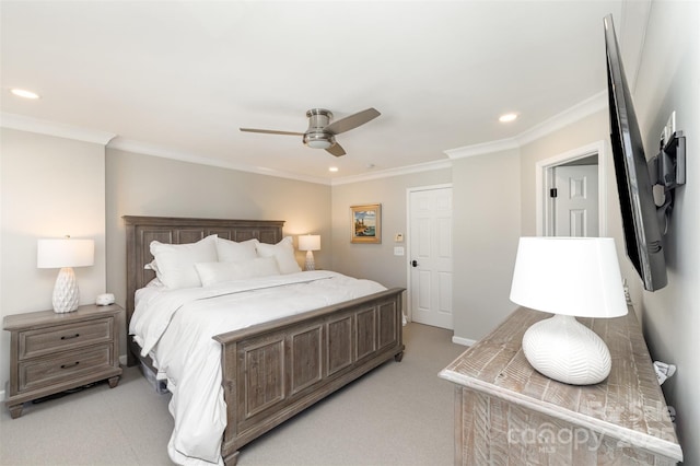 bedroom featuring recessed lighting, light colored carpet, ceiling fan, and ornamental molding