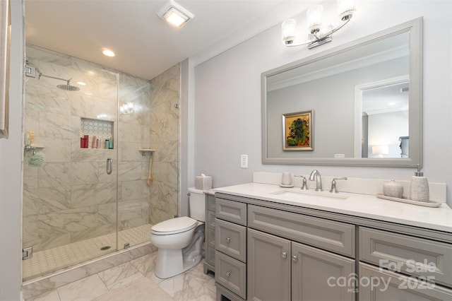 full bathroom featuring toilet, marble finish floor, a stall shower, crown molding, and vanity