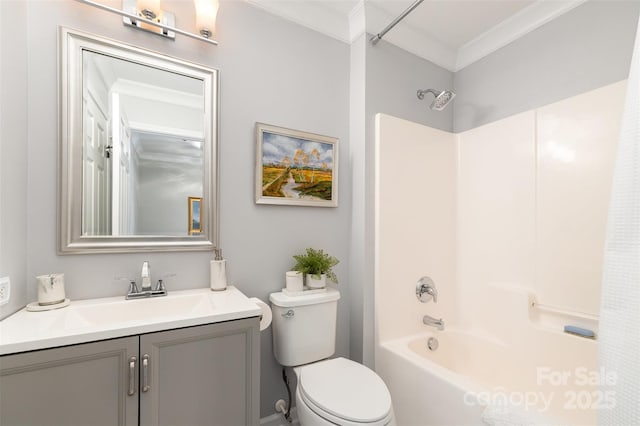 bathroom with vanity, bathing tub / shower combination, toilet, and ornamental molding