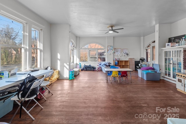 interior space with a ceiling fan and wood finished floors