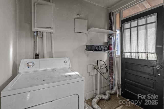 laundry area featuring electric panel, laundry area, and washer / dryer