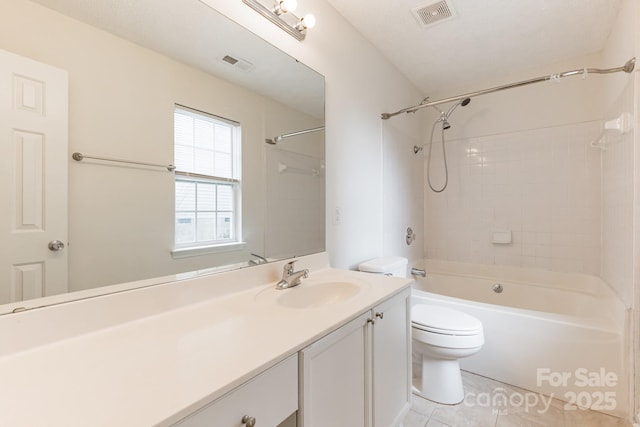 bathroom with tile patterned flooring, visible vents, tub / shower combination, toilet, and vanity