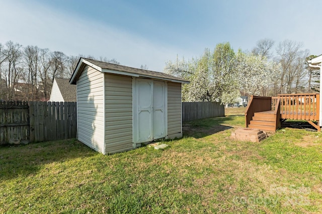 view of shed with a fenced backyard