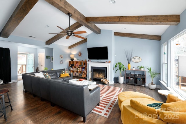 155 Parker Rd, Asheville, NC 28805 - living area with dark wood-style flooring, visible vents, ceiling fan, and lofted ceiling with beams