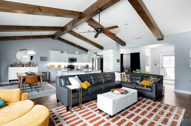 155 Parker Rd, Asheville, NC 28805 - living area featuring vaulted ceiling with beams, visible vents, a ceiling fan, and wood finished floors