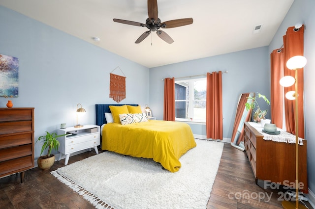 155 Parker Rd, Asheville, NC 28805 - bedroom featuring ceiling fan, visible vents, baseboards, and dark wood finished floors