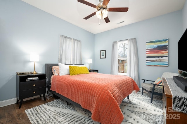 155 Parker Rd, Asheville, NC 28805 - bedroom featuring visible vents, hardwood / wood-style flooring, baseboards, and ceiling fan