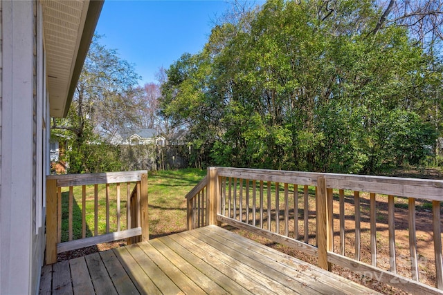 wooden deck featuring a yard and fence