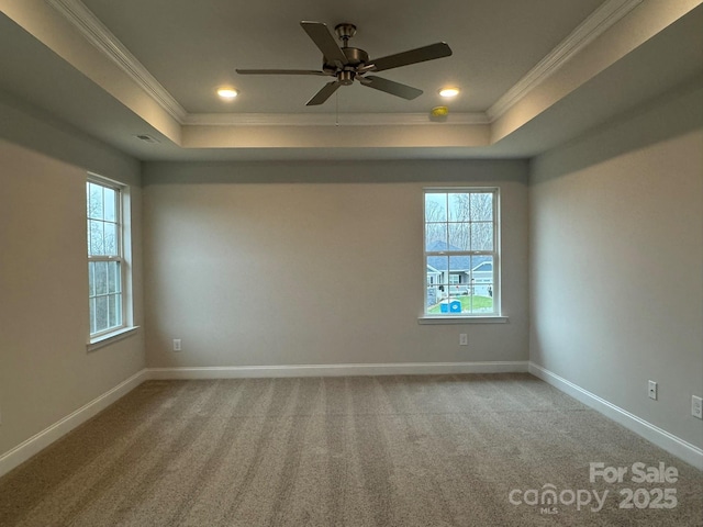 unfurnished room with a tray ceiling, baseboards, and ornamental molding