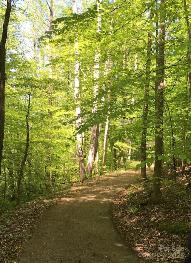 exterior space featuring a wooded view