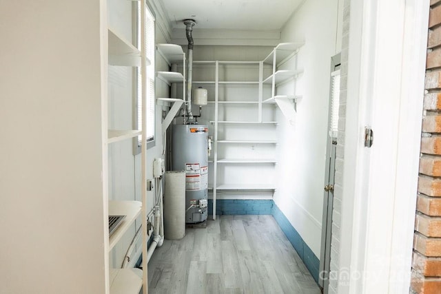 walk in closet featuring wood finished floors and gas water heater