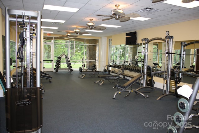 exercise room with a ceiling fan, a paneled ceiling, and visible vents