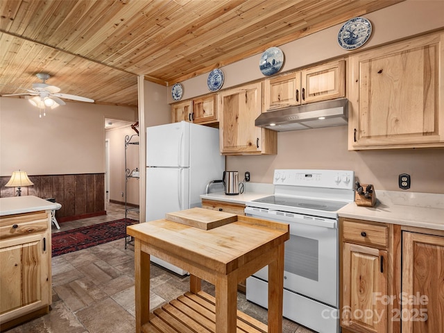 kitchen with ceiling fan, under cabinet range hood, light countertops, wooden ceiling, and electric range