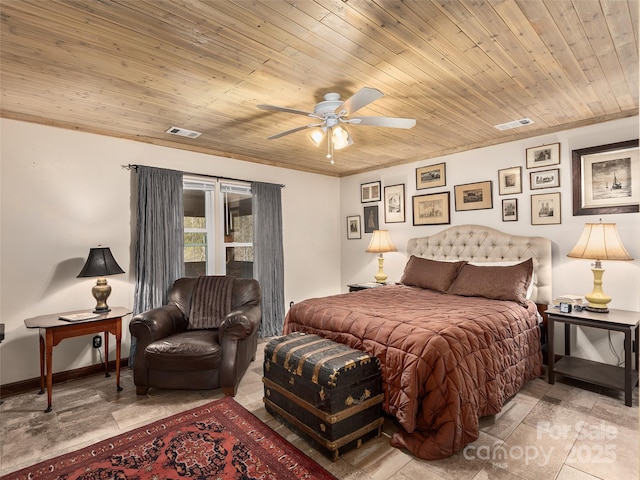 bedroom featuring baseboards, wood ceiling, visible vents, and ornamental molding