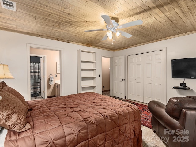 bedroom featuring visible vents, ensuite bathroom, a ceiling fan, a closet, and wooden ceiling