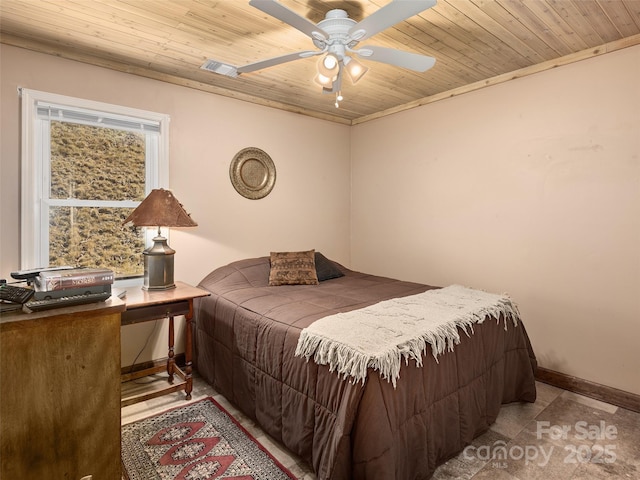 bedroom with ceiling fan, visible vents, baseboards, and wooden ceiling