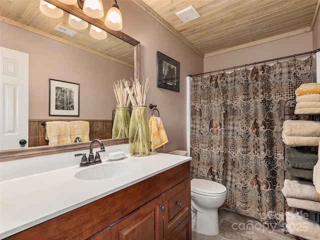 full bath featuring visible vents, toilet, wood ceiling, and vanity