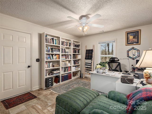 office space with visible vents, a textured ceiling, crown molding, and a ceiling fan