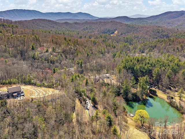 drone / aerial view with a view of trees and a water and mountain view