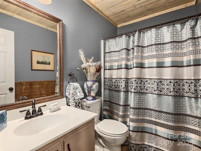 full bathroom featuring a shower with shower curtain, toilet, wooden ceiling, and vanity