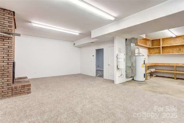 finished basement with carpet flooring and electric water heater