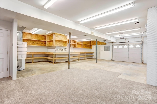 garage featuring electric panel and a garage door opener