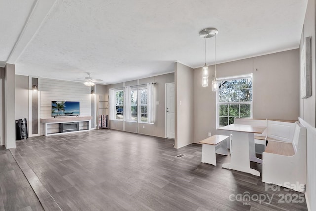 living room featuring plenty of natural light, dark wood-type flooring, and ceiling fan