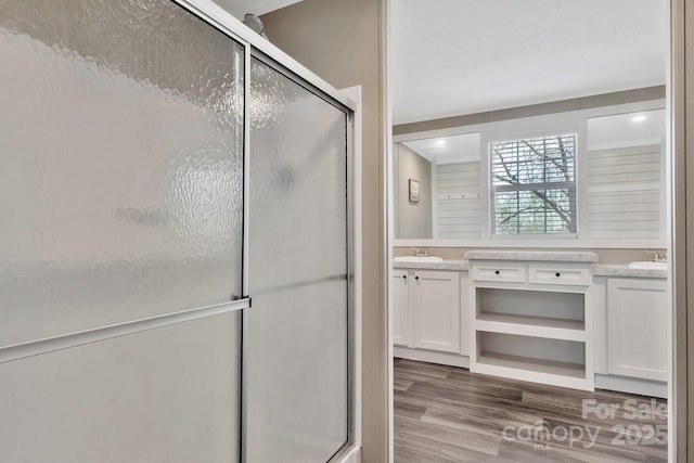 bathroom featuring vanity, wood finished floors, and a shower stall