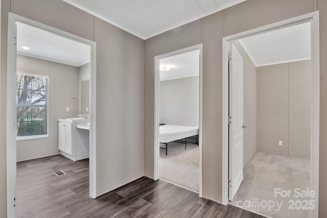 hallway featuring dark wood-type flooring