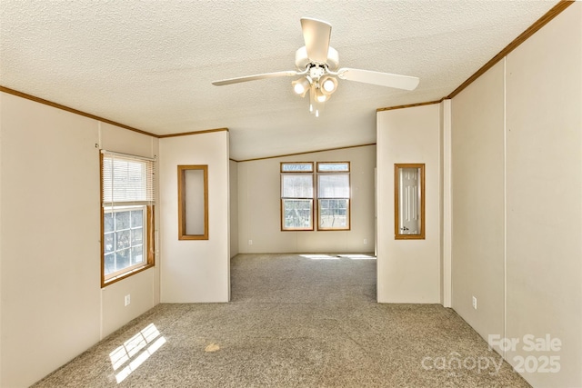 carpeted empty room with lofted ceiling, ceiling fan, ornamental molding, and a textured ceiling