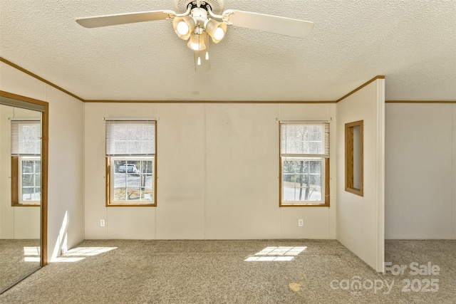 spare room with ceiling fan, crown molding, carpet floors, and a textured ceiling