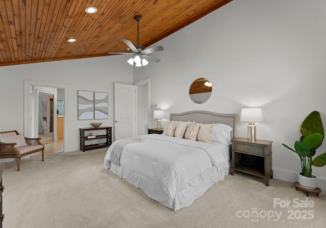 carpeted bedroom featuring high vaulted ceiling, a ceiling fan, recessed lighting, wooden ceiling, and baseboards