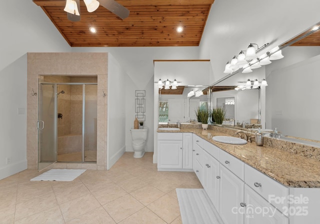 bathroom with a shower stall, wood ceiling, a ceiling fan, and a sink