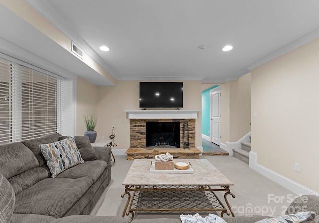 living area with visible vents, crown molding, carpet, stairway, and recessed lighting