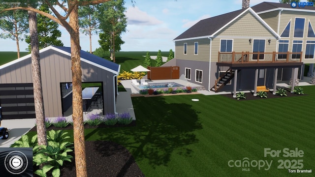 exterior space with stairway, a patio, a yard, and a deck