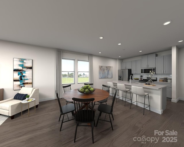 dining room with recessed lighting, dark wood-style flooring, and baseboards