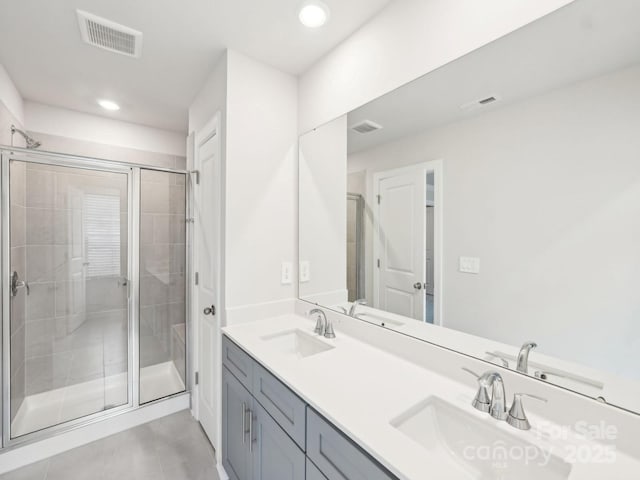 full bath with a sink, visible vents, and a shower stall